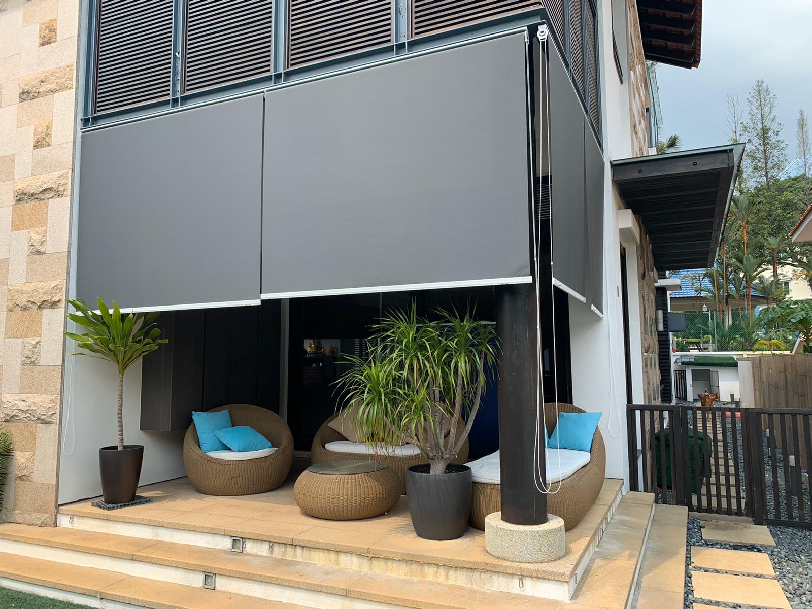 Outdoor roller blind at a balcony
